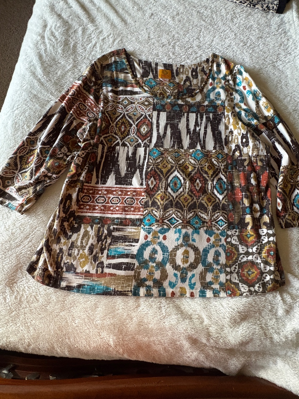Mixed Print Boho Blouse in Teal, Brown and Cream size 1X